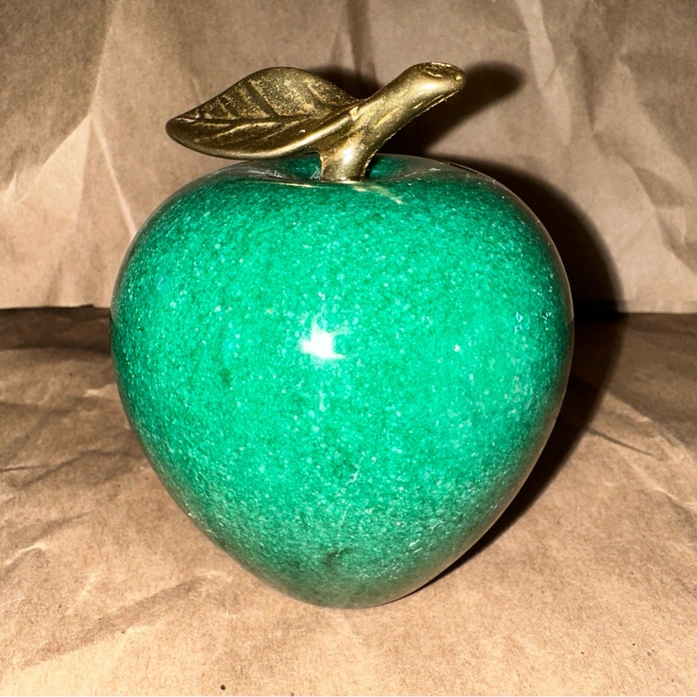 Mid Century Paperweight Green Marble Apple Carved Marble Brass Leaf Paperweight